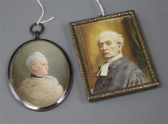 Two watercolour head and shoulder miniature portraits,